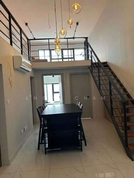 Dining features: black dining table, 4 black dining chairs, marble tile flooring, white painted walls, 1 wall-mounted split AC, hanging pendant lights, staircase with wooden steps and metal railing, large windows for natural light; style: modern. Room features: white painted walls, marble tile flooring, large windows, metal railing.