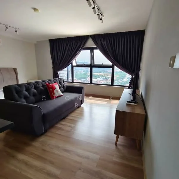Living features: black fabric sofa, red decorative pillow, wooden TV console, wall-mounted TV, large floor-to-ceiling windows, black curtains, laminate flooring, recessed ceiling lights; style: modern; view: city.