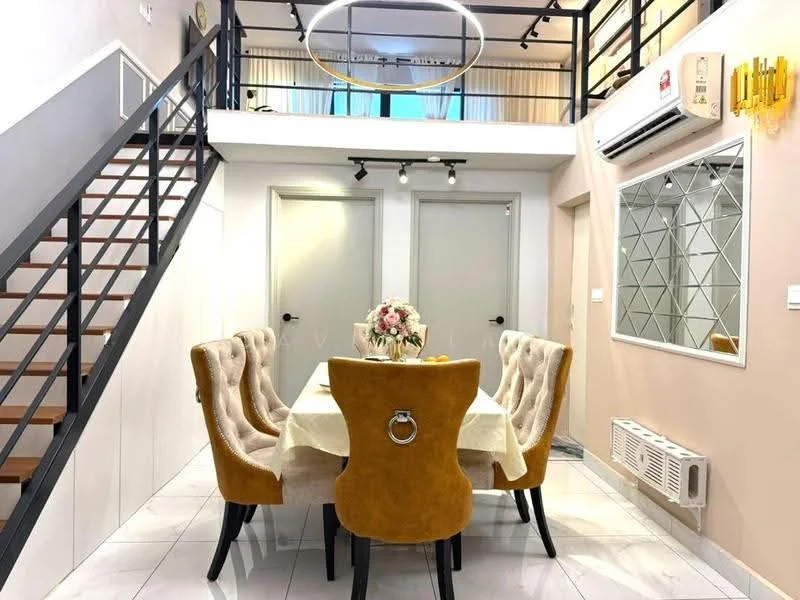 Dining features: 6-seater dining table, upholstered dining chairs in beige, chandelier, mirror wall decor, white walls, marble tile flooring, air conditioning unit, decorative wall sconce, large windows with sheer curtains; style: modern. Room features: staircase with wooden steps, open space above, light fixtures.