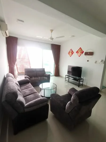 Living features: 3-seater fabric sofa in grey, 2-seater fabric sofa in grey, glass coffee table, wall-mounted TV, TV console, floor-to-ceiling windows, curtains in brown, ceiling fan, air conditioning unit, light-colored tiled flooring, decorative wall art; style: modern.