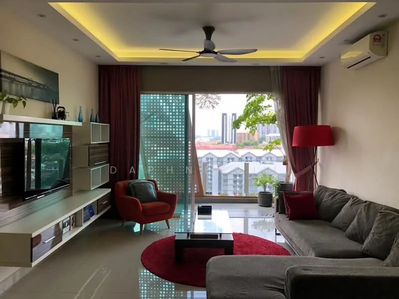 Living features: 5-blade ceiling fan with integrated LED light, recessed downlights, floor-to-ceiling windows, sliding glass door, grey fabric sectional sofa, red accent chair, coffee table, TV console, wall-mounted TV, decorative wall shelf, area rug with circular pattern, curtains, potted plants; style: modern; view: city.
