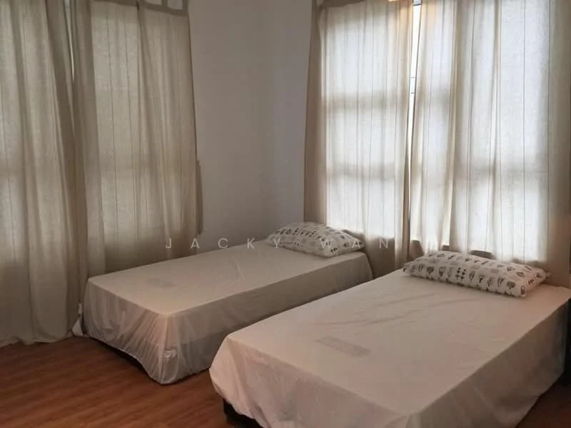 Bedroom features: two single beds with white bedding, light-colored bed frames, two decorative pillows, large windows with sheer curtains, wooden flooring, plain white walls, natural light from windows; style: minimalist.