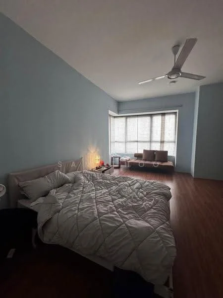 Bedroom features: king-size bed with white bedding, light blue painted walls, laminate wood flooring, 5-blade ceiling fan, floor-to-ceiling windows, sheer curtains, seating area with two chairs, decorative table lamp, built-in wardrobe; style: modern; view: city.