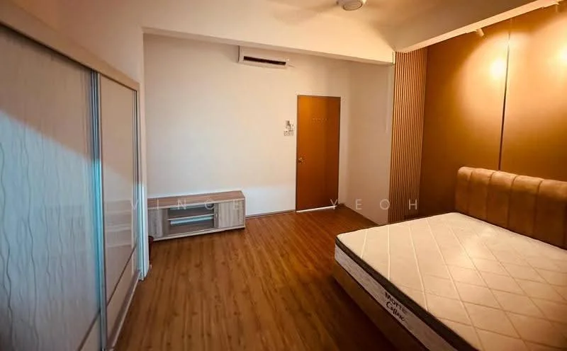 Bedroom features: wooden flooring, white painted walls, accent wall with wood paneling, ceiling fan, built-in wardrobe with sliding doors, wall-mounted TV console, door to hallway, unfurnished bed frame; style: modern.