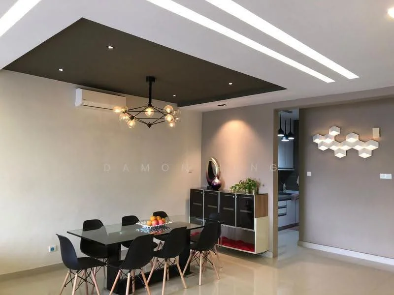 Dining features: glass dining table, black dining chairs, chandelier with multiple bulbs, recessed ceiling lights, air conditioning unit, cream painted walls, polished tile flooring, decorative wall art, sideboard cabinet with storage; style: modern.