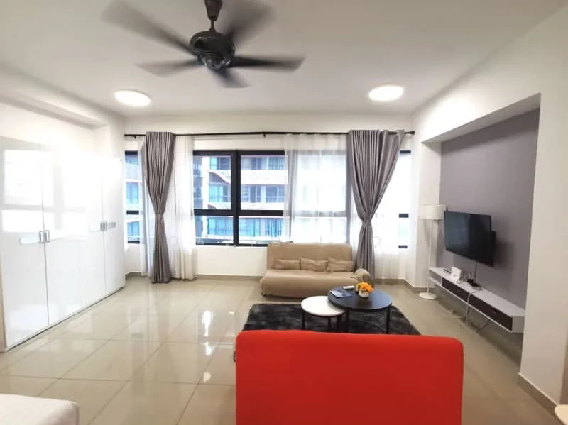 Living features: 3-seater fabric sofa in beige, coffee table, wall-mounted TV, TV console, area rug with geometric pattern, floor-to-ceiling windows, sheer curtains, grey accent wall, 5-blade ceiling fan with light, recessed downlights, polished tile flooring; style: modern; view: city.