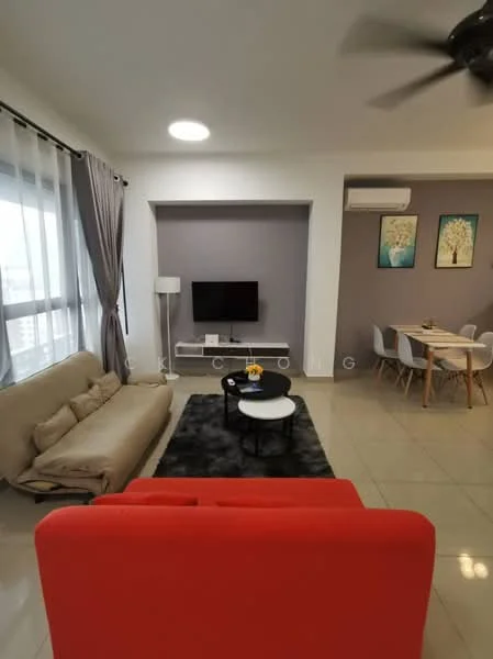 Living features: 3-seater fabric sofa in beige, red accent sofa, black area rug, wall-mounted TV, white TV console, floor lamp, ceiling fan, large windows with sheer curtains, grey accent wall, recessed lighting, decorative artwork on walls, dining area visible in background; style: modern.