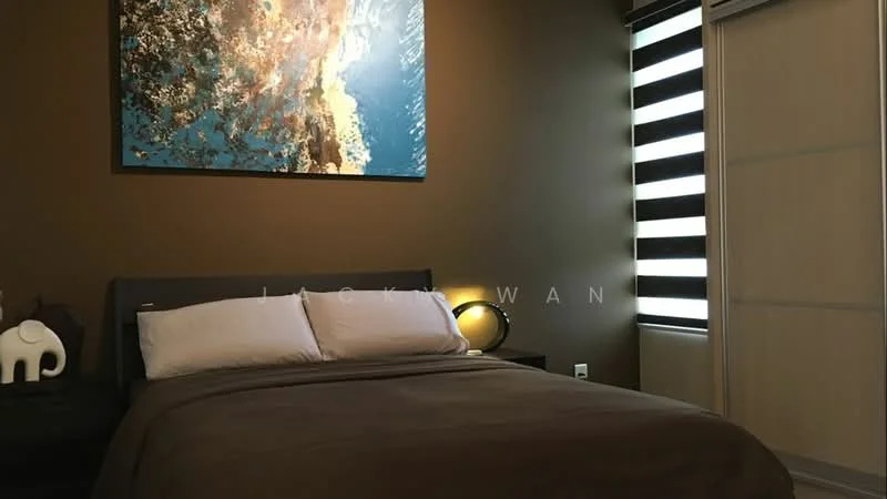 Bedroom features: queen-size bed with grey upholstered headboard, white bedding, brown throw blanket, nightstand with lamp, decorative elephant figurine, framed artwork on wall, dark brown painted walls, black and white striped window blinds, built-in wardrobe with sliding doors; style: modern.