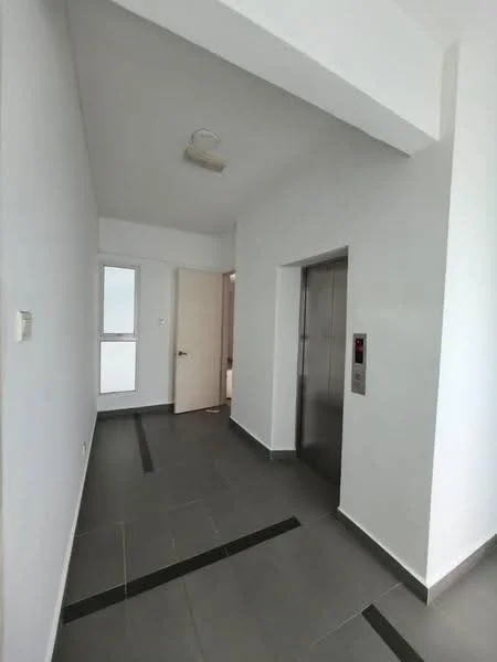 Room features: white painted walls, grey tile flooring, elevator, door leading to another room, window, ceiling light fixture, black accent tiles on the floor; style: modern.