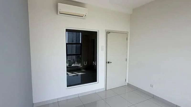 Room features: white painted walls, grey tiled flooring, 1 wall-mounted split AC, floor-to-ceiling window, door with handle, light switch, window with city view; view: city.