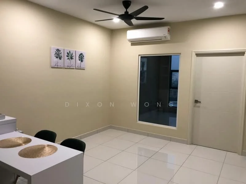 Living features: white painted walls, tile flooring, 5-blade ceiling fan, wall-mounted split AC, floor-to-ceiling window, light-colored door, dining table with 2 chairs, decorative wall art with leaf patterns; style: modern.