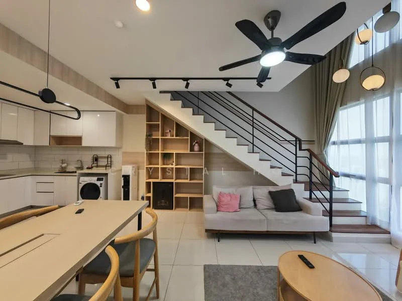 Living features: 5-blade ceiling fan with integrated LED light, sofa in light grey fabric, coffee table in light wood, area rug in grey, wall-mounted TV, open shelving unit, dining table with light wood finish, white cabinetry, stainless-steel washing machine, white tiled flooring, large windows with sheer curtains, staircase with wooden steps and metal railing; style: modern.