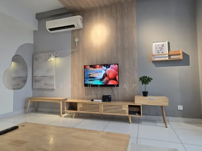 Living features: wall-mounted TV, wooden TV console, light wood coffee table, white tiled flooring, grey accent wall, wood panel feature wall, wall-mounted air conditioning unit, decorative plant in pot, framed artwork on wall, shelving unit on wall; style: modern.