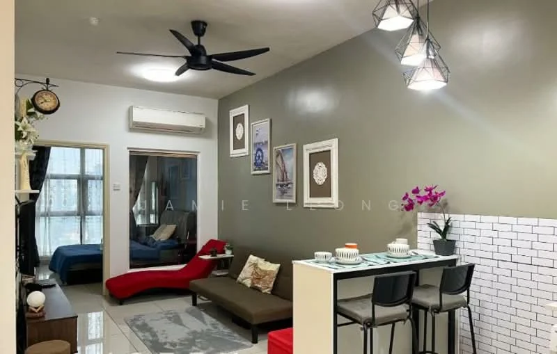 Living features: 5-blade ceiling fan with light, wall-mounted split AC, grey accent wall, white painted walls, ceramic tile flooring, sofa in brown fabric, red chaise lounge, coffee table, decorative wall art, pendant lighting, dining table with 2 chairs, open shelving unit, houseplants in ceramic pots; style: modern. Room features: blue bedspread, white walls, curtains, floor-to-ceiling windows.