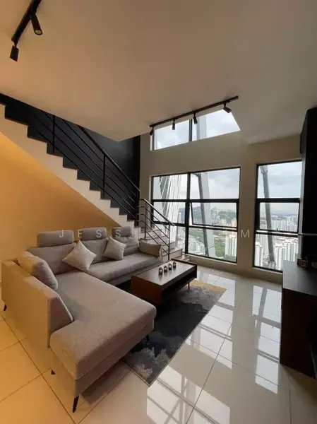 Living features: L-shape sectional sofa in light grey, coffee table, area rug with geometric pattern, floor-to-ceiling windows, city skyline view, white painted walls, polished tile flooring, recessed downlights, wall-mounted TV, decorative wall art, staircase with metal railing; style: modern; view: city.