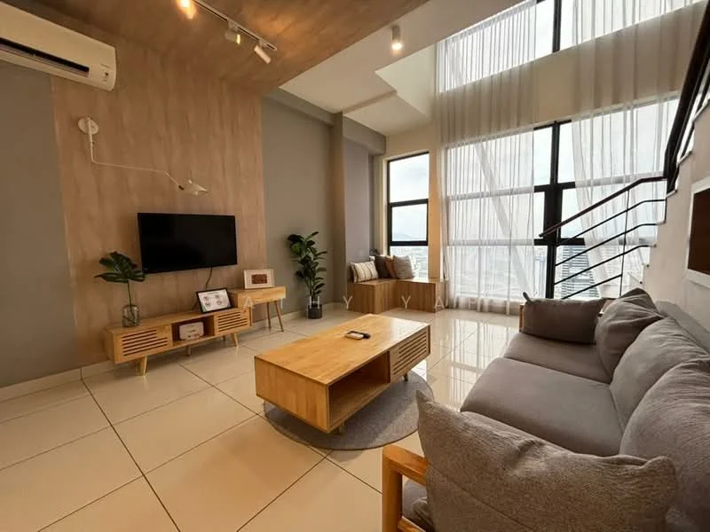 Living features: grey fabric 3-seater sofa, wooden coffee table, TV console with storage, wall-mounted TV, floor-to-ceiling windows, curtains, wooden accent wall, recessed downlights, ceramic tile flooring, indoor plant, staircase with wooden railing; style: modern; view: city.