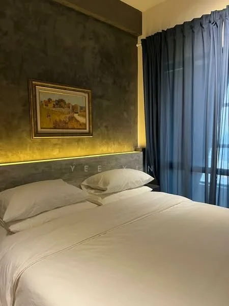 Bedroom features: king-size bed with white bedding, upholstered headboard, framed artwork on wall, grey accent wall, blue curtains, floor-to-ceiling window, nightstand with lamp, recessed lighting; style: modern; view: city.