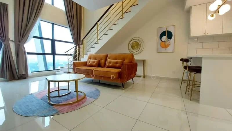 Living features: brown velvet 3-seater sofa, round coffee table with gold frame, area rug with geometric pattern, floor-to-ceiling windows, curtains in light brown, white painted walls, marble tile flooring, pendant light fixture, decorative wall art with abstract design, staircase with metal railing; style: modern; view: city. Kitchen features: white cabinetry, countertop with bar seating, stainless-steel bar stools, white subway tile backsplash, recessed lighting; style: modern.