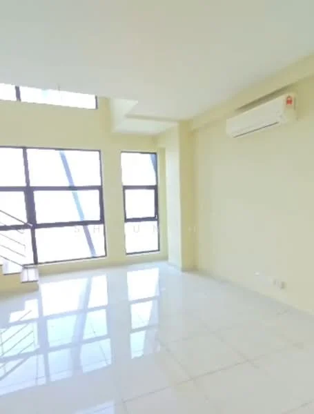Living features: white painted walls, glossy tile flooring, floor-to-ceiling windows, 1 wall-mounted split AC, natural light from large windows, staircase visible in the corner, high ceiling, neutral color scheme; style: modern; view: city.