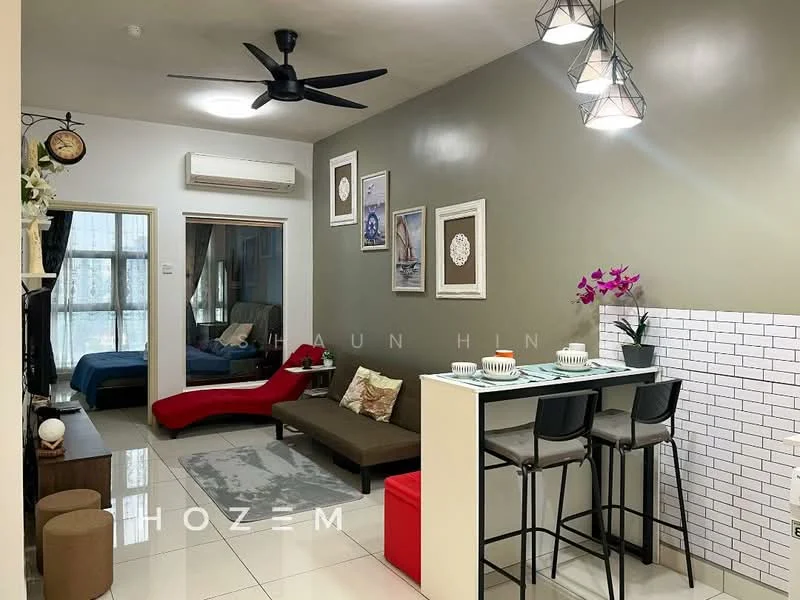 Living features: grey painted walls, white tiled flooring, 5-blade ceiling fan with light, sofa in brown fabric, red accent chair, coffee table, wall-mounted artwork, decorative wall clock, open shelving with decorative items, window with sheer curtains, dining table with 2 chairs, potted plant; style: modern. Room features: bed visible in background, blue bedding.