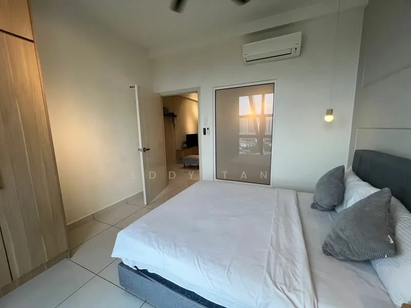 Bedroom features: king-size bed with white bedding, upholstered headboard, built-in wardrobe with wood finish, floor-to-ceiling window with sheer curtains, recessed downlights, ceiling fan, light fixture with pendant design, tile flooring, air conditioning unit, decorative pillows; style: modern; view: city.