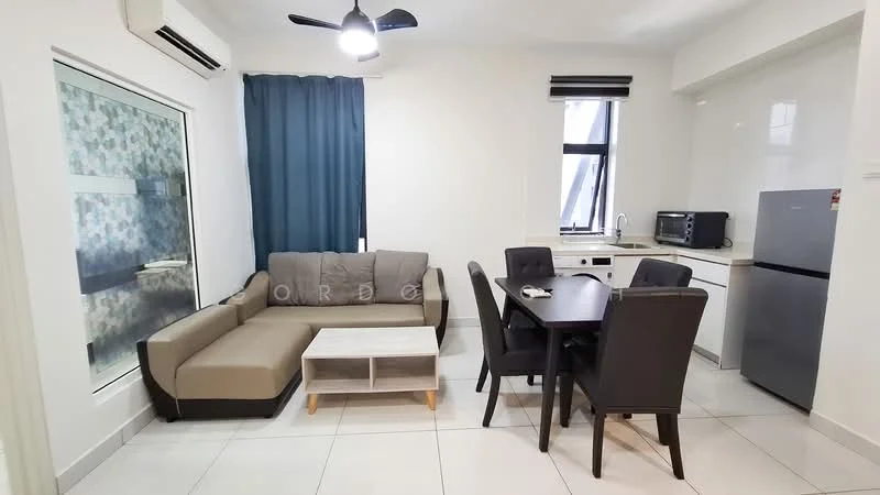 Living features: 3-seater fabric sofa in grey, coffee table, dining table for 4 with black chairs, floor-to-ceiling window, blue curtains, wall-mounted air conditioning unit, refrigerator, microwave, kitchen countertop, white tiled flooring, light-colored walls, ceiling fan with light; style: modern.