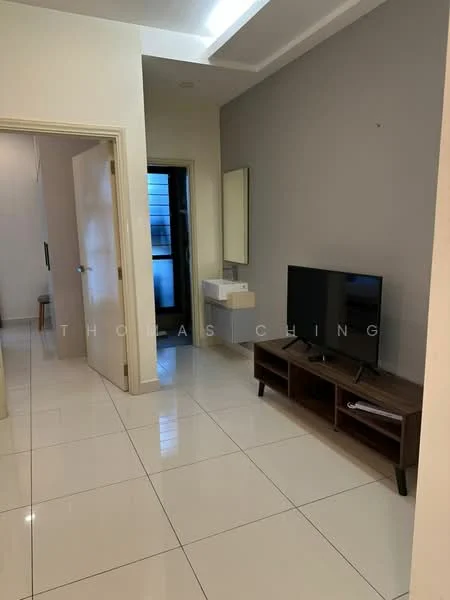 Room features: white painted walls, grey accent wall, glossy white tile flooring, recessed ceiling lights, wall-mounted mirror, TV console, flat-screen TV, door leading to outdoor area, small console table, neutral decor; style: modern.