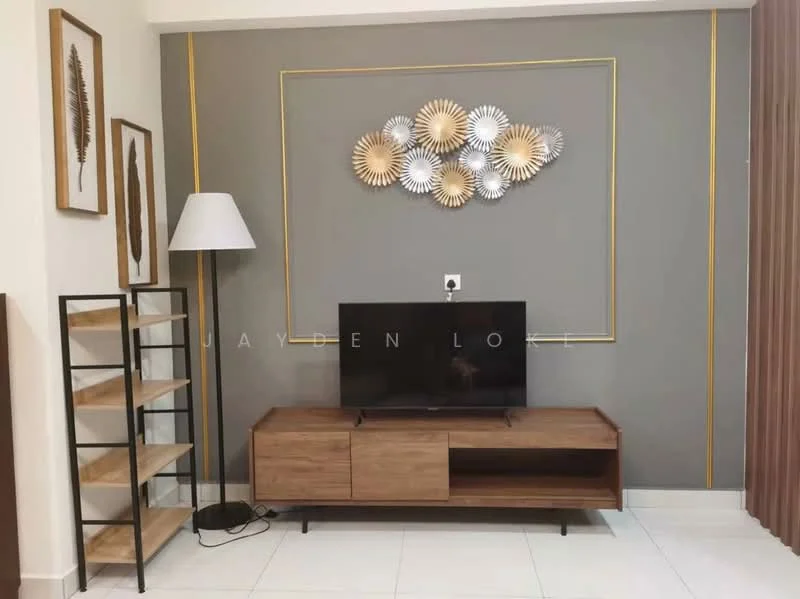 Living features: grey accent wall, gold trim on wall, wooden TV console, black floor lamp, wall-mounted TV, open shelving unit, decorative wall art, white tiled flooring; style: modern.