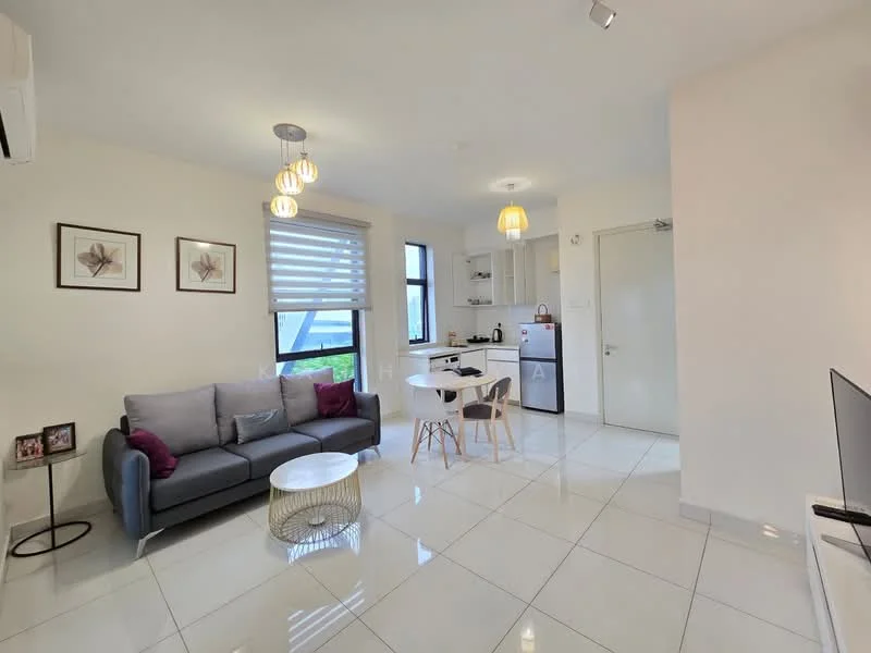 Living features: grey fabric 3-seater sofa, round white coffee table, wall-mounted TV, white tiled flooring, recessed downlights, pendant light fixture, window with sheer blinds, decorative wall art, air conditioning unit; style: modern; view: garden. Kitchen features: white cabinetry, stainless-steel fridge, built-in oven, 4-burner gas hob, white countertop, kitchen sink, open shelving, bar stools; style: modern.