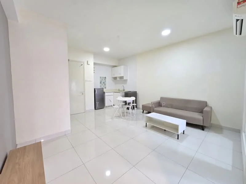 Living features: white painted walls, glossy ceramic tile flooring, recessed downlights, 3-seater fabric sofa in light grey, white coffee table, white dining table with 4 chairs, stainless-steel fridge, kitchen cabinetry with white finish, open kitchen layout, air conditioning unit on wall; style: modern.