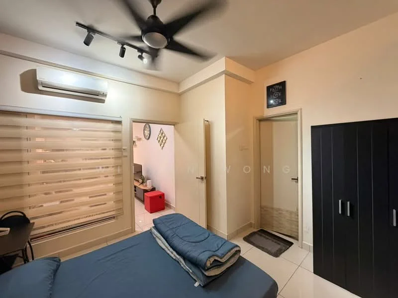 Bedroom features: queen-size bed with blue bedding, 5-blade ceiling fan with light, 1 wall-mounted split AC, white painted walls, white tiled flooring, window with sheer roller blinds, built-in wardrobe with black finish, decorative wall clock, small door leading to bathroom, study desk, area rug; style: modern.