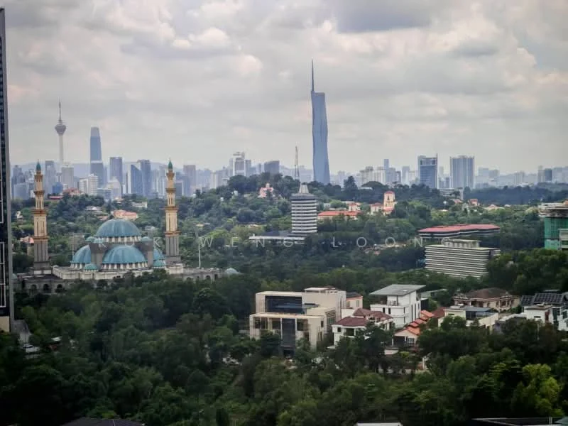 Exterior features: city skyline, greenery in foreground, tall buildings in background, prominent tower, historic mosque with dome, urban landscape, mixed architecture styles; style: modern.
