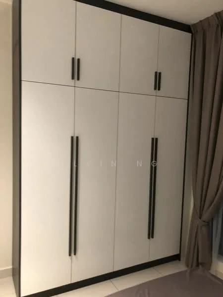 Room features: built-in wardrobe with white and grey finish, six cabinet doors, black handles, floor-to-ceiling design, neutral wall colour, curtains in grey, tile flooring; style: modern.