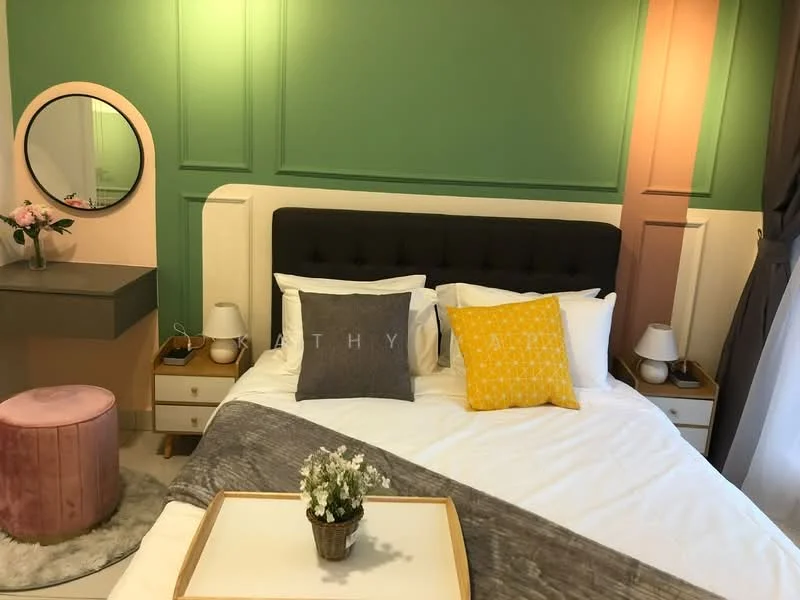 Bedroom features: queen-size bed with upholstered headboard, white bedding with decorative pillows, grey throw blanket, nightstands with lamps, round mirror, pink ottoman, green accent wall, white walls with paneling, curtains, decorative flower arrangement; style: modern.