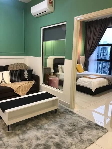 Living features: brown fabric sofa with decorative cushions, white coffee table, area rug with geometric pattern, wall-mounted split AC, green painted walls, white tiled flooring, floor-to-ceiling window, curtains, decorative wall art; style: modern; view: city. Bedroom features: queen-size bed with yellow and grey bedding, bedside table, table lamp, floor-to-ceiling window, curtains, white walls, white tiled flooring; style: modern; view: city.