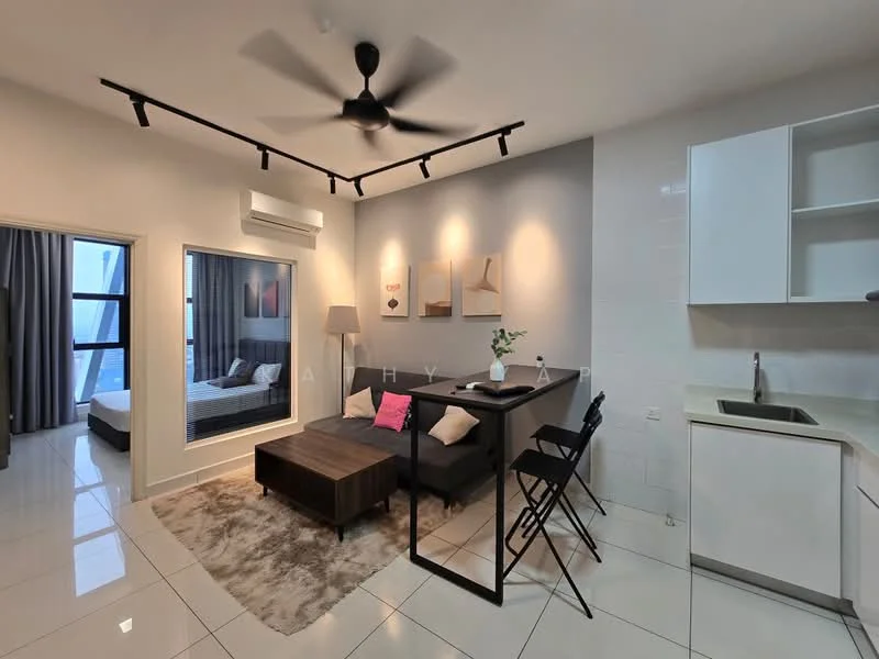 Living features: 5-blade ceiling fan with light, recessed downlights, grey fabric sofa, coffee table, area rug, wall-mounted TV, dining table with stools, white cabinetry, stainless-steel sink, countertop, white tiled flooring, decorative wall art, floor-to-ceiling windows, curtains; style: modern; view: city. Room features: grey curtains, bed visible through doorway.