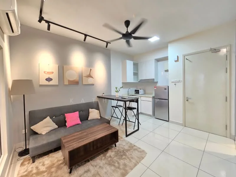Living features: 3-seater fabric sofa in grey, pink decorative cushion, wooden coffee table, area rug with neutral color, 5-blade ceiling fan with light, wall-mounted air conditioning unit, recessed LED downlights, framed artwork on walls, open-plan layout to kitchen, tile flooring, white painted walls; style: modern. Kitchen features: stainless-steel fridge, built-in microwave, kitchen cabinetry, countertop, tile backsplash, stainless-steel sink, single-bowl stainless-steel sink, chrome pull-down faucet; style: modern.
