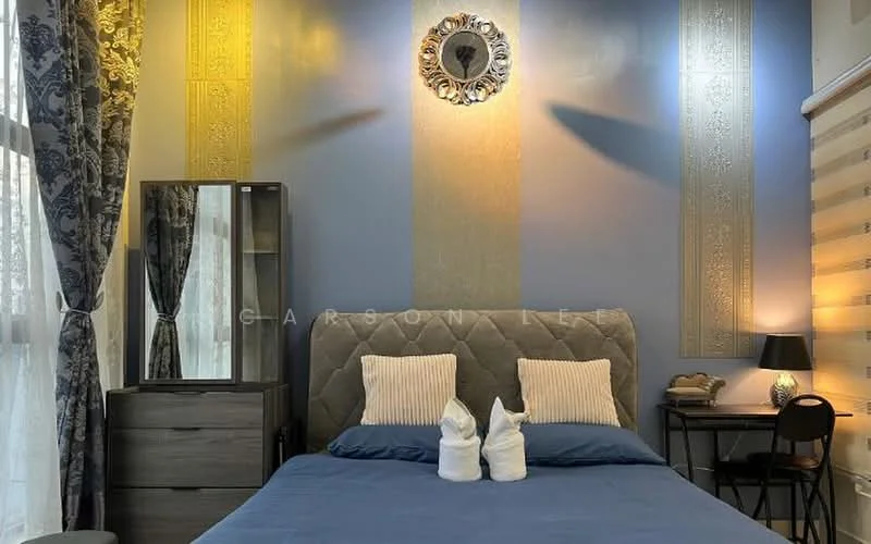 Bedroom features: king-size bed with upholstered headboard, blue bedding, two white decorative towels shaped like swans, grey bedside table, black desk with chair, floor-to-ceiling windows with sheer curtains, wall-mounted mirror, decorative wall with gold accents, wall sconce lighting, wooden flooring; style: modern.