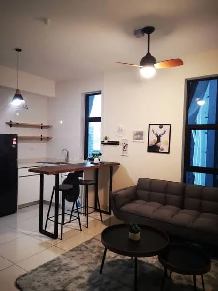 Living features: 3-seater fabric sofa in grey, round coffee table, area rug with geometric pattern, 5-blade ceiling fan with light, floor-to-ceiling windows, wall-mounted shelves, decorative wall art, kitchen island with bar stools, refrigerator, kitchen sink, white cabinetry, tile flooring; style: modern; view: city.