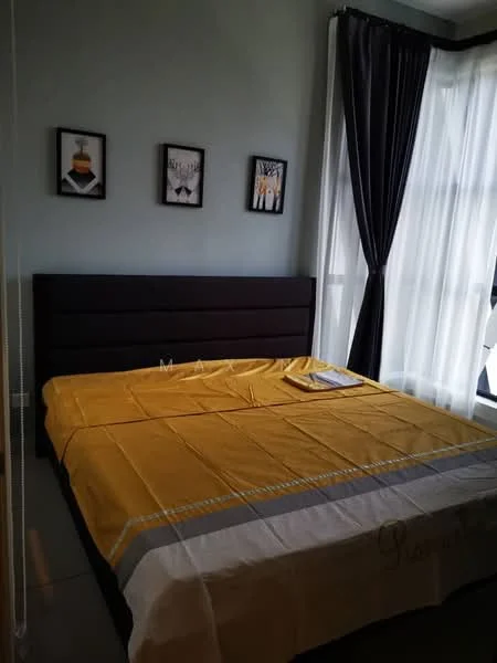 Bedroom features: king-size bed with dark wood headboard, yellow bedspread, two framed artworks on walls, floor-to-ceiling windows, sheer white curtains, blackout curtains, grey painted walls, tile flooring; style: modern.