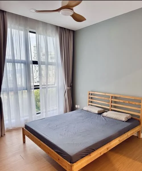 Bedroom features: queen-size bed, wooden bed frame, grey bed linen, 2 pillows, floor-to-ceiling windows, sheer curtains, dark grey curtains, wooden flooring, 5-blade ceiling fan with light, accent wall in light green; style: modern; view: city.