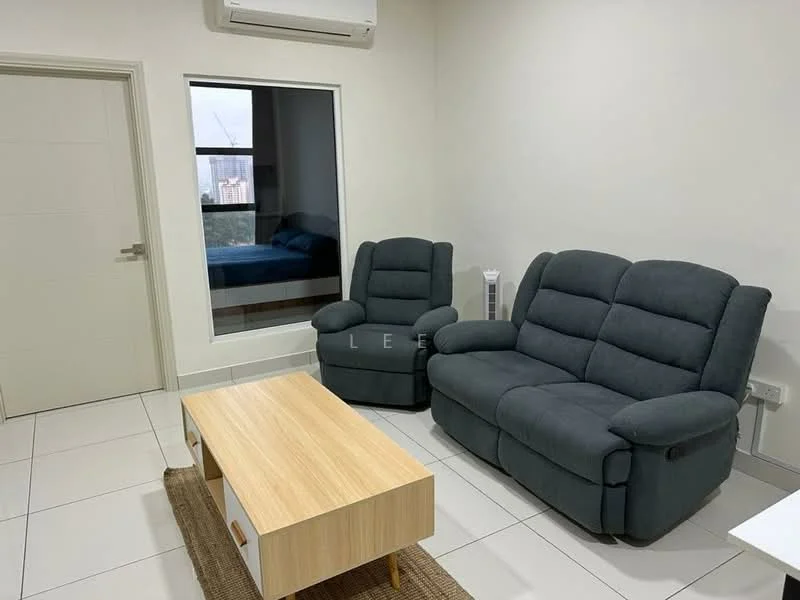Living features: grey fabric 3-seater sofa, grey fabric armchair, light wood coffee table, white side table, air conditioning unit, large window with city view, white painted walls, tile flooring, decorative area rug; style: modern; view: city.