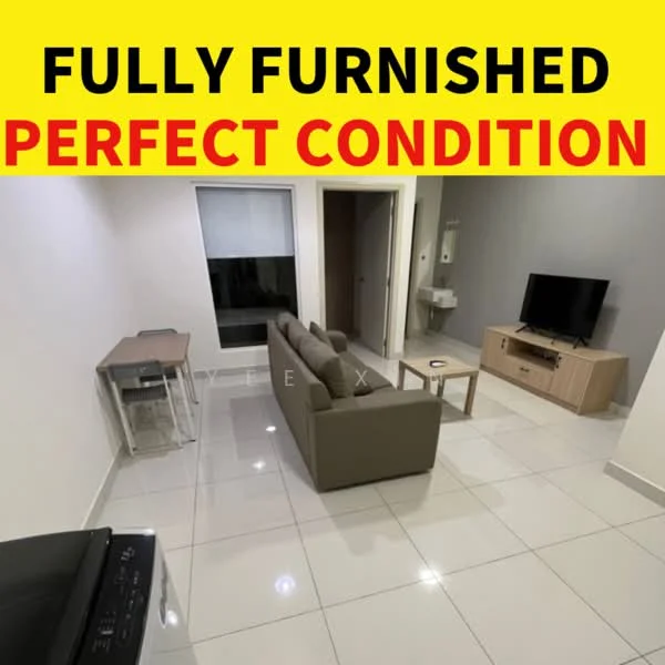 Living features: 3-seater fabric sofa in beige, coffee table, TV console, wall-mounted TV, white tiled flooring, large window with natural light, neutral painted walls, decorative wall art; style: modern.