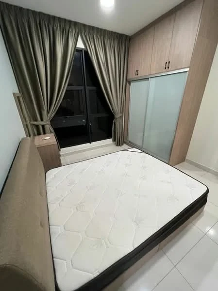 Bedroom features: queen-size bed, upholstered headboard, built-in wardrobe with sliding glass doors, wood cabinetry, floor-to-ceiling window, blackout curtains, white painted walls, tile flooring, recessed ceiling lights; style: modern; view: city.