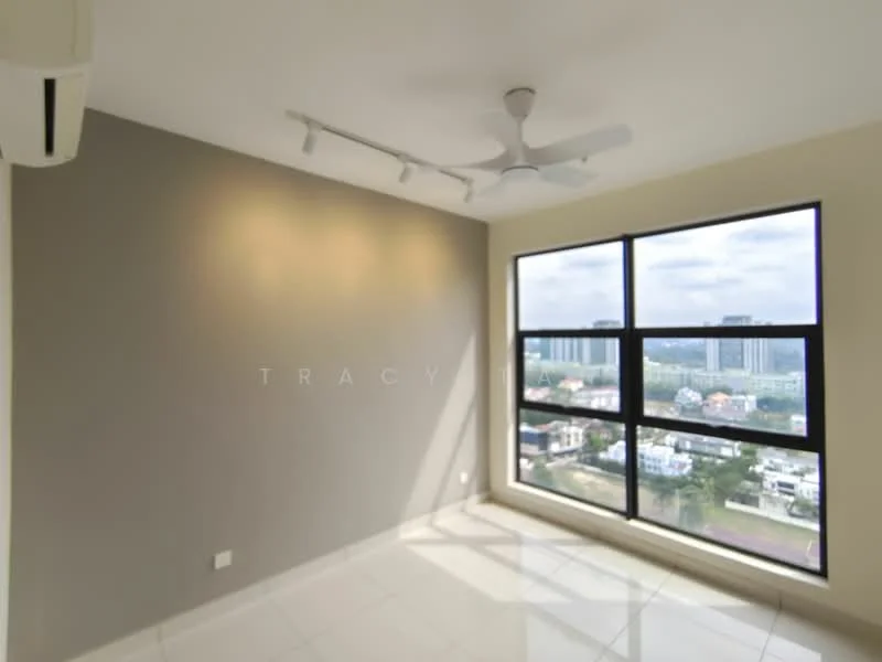Room features: white painted walls, grey accent wall, glossy white tile flooring, 5-blade ceiling fan with light, floor-to-ceiling windows, city view; style: modern; view: city.
