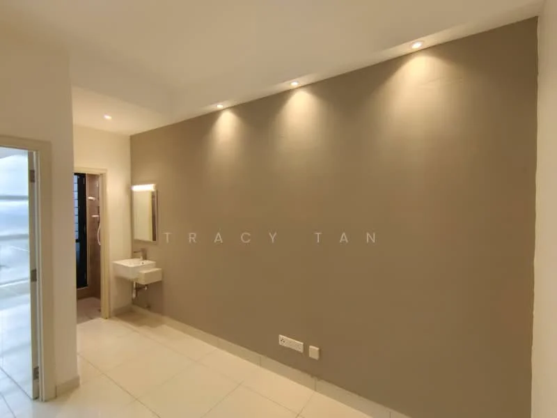 Room features: grey accent wall, white painted walls, recessed downlights, tile flooring, wall-mounted mirror, sink with wall-mounted faucet; style: modern.