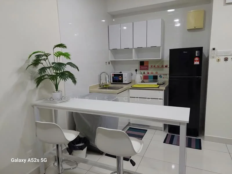 Kitchen features: white cabinets, grey countertop, single-bowl stainless-steel sink, chrome pull-down faucet, built-in microwave, black refrigerator, stainless-steel range hood, 4-burner gas hob, white tiled backsplash, white walls, ceramic tile flooring, bar table with white stools, potted plant; style: modern.