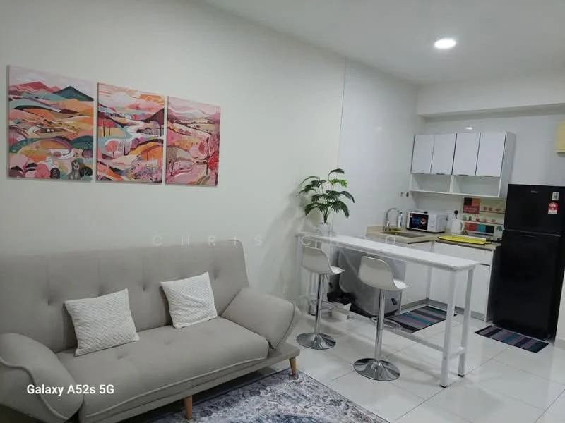 Kitchen features: white cabinetry, stainless-steel fridge, built-in microwave, freestanding range oven, white countertop, bar stools, decorative wall art, tile flooring, plant decoration, open layout, kitchen island; style: modern. Living features: light grey fabric sofa, decorative throw pillow, area rug, wall-mounted artwork, white walls, recessed lighting; style: modern.