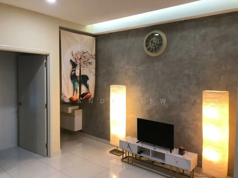 Living features: grey accent wall, white painted walls, glossy white tile flooring, wall-mounted TV, white TV console, decorative wall clock, 2 floor lamps, artwork on wall, recessed lighting; style: modern.