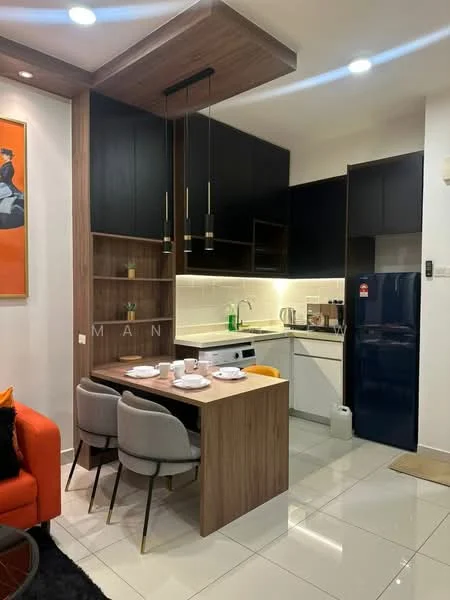 Kitchen features: black upper cabinets, wood lower cabinets, white countertop, stainless-steel sink, chrome pull-down faucet, built-in stove, built-in oven, refrigerator, pendant lights, dining table with four chairs, ceramic tile flooring, white backsplash, open shelving; style: modern.